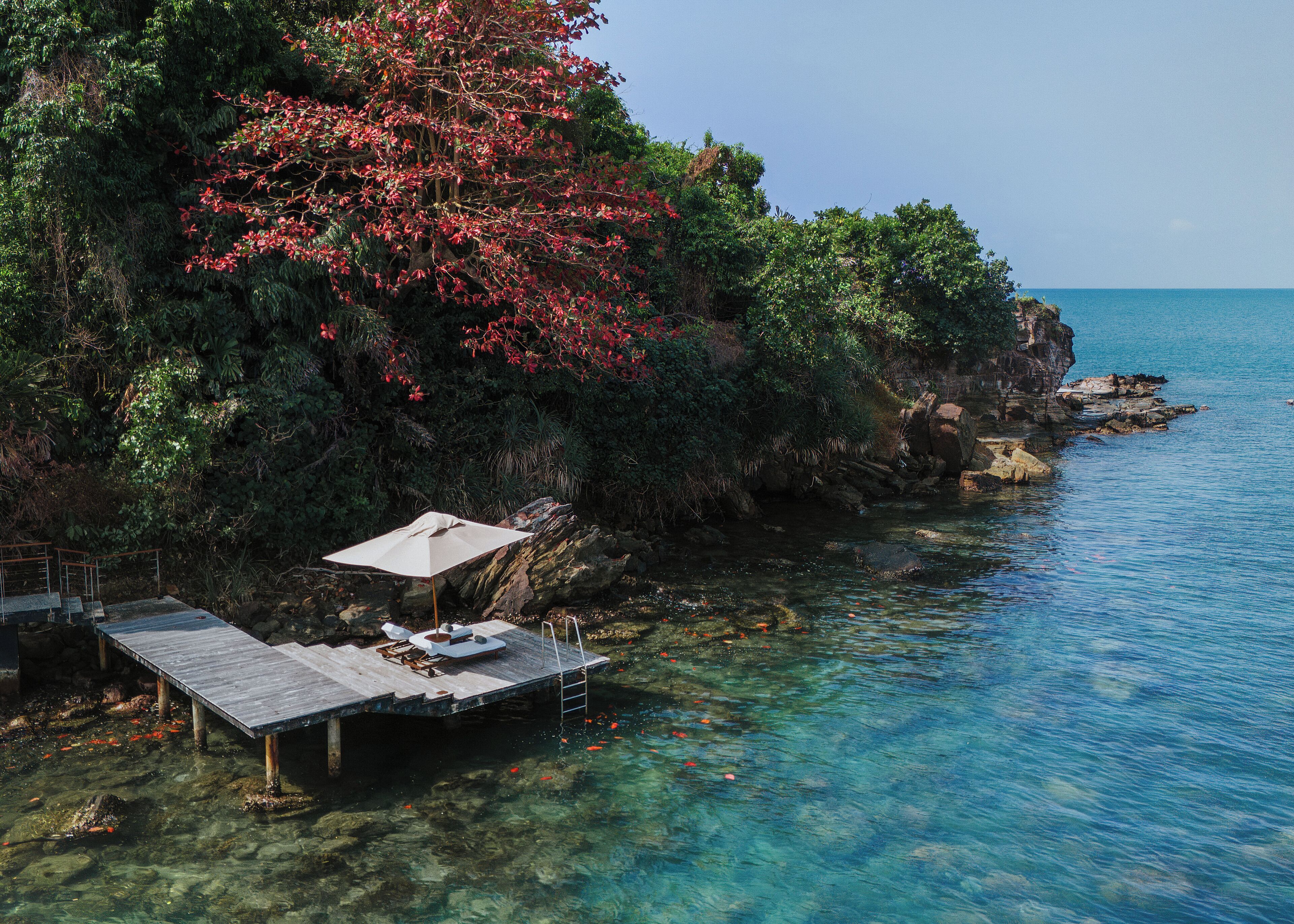 Una zona costera con un muelle de madera que se adentra en aguas azul turquesa, rodeada de exuberante vegetación y un acantilado rocoso.