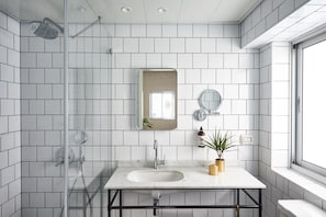 Shower, rainfall showerhead, eco-friendly toiletries, hair dryer