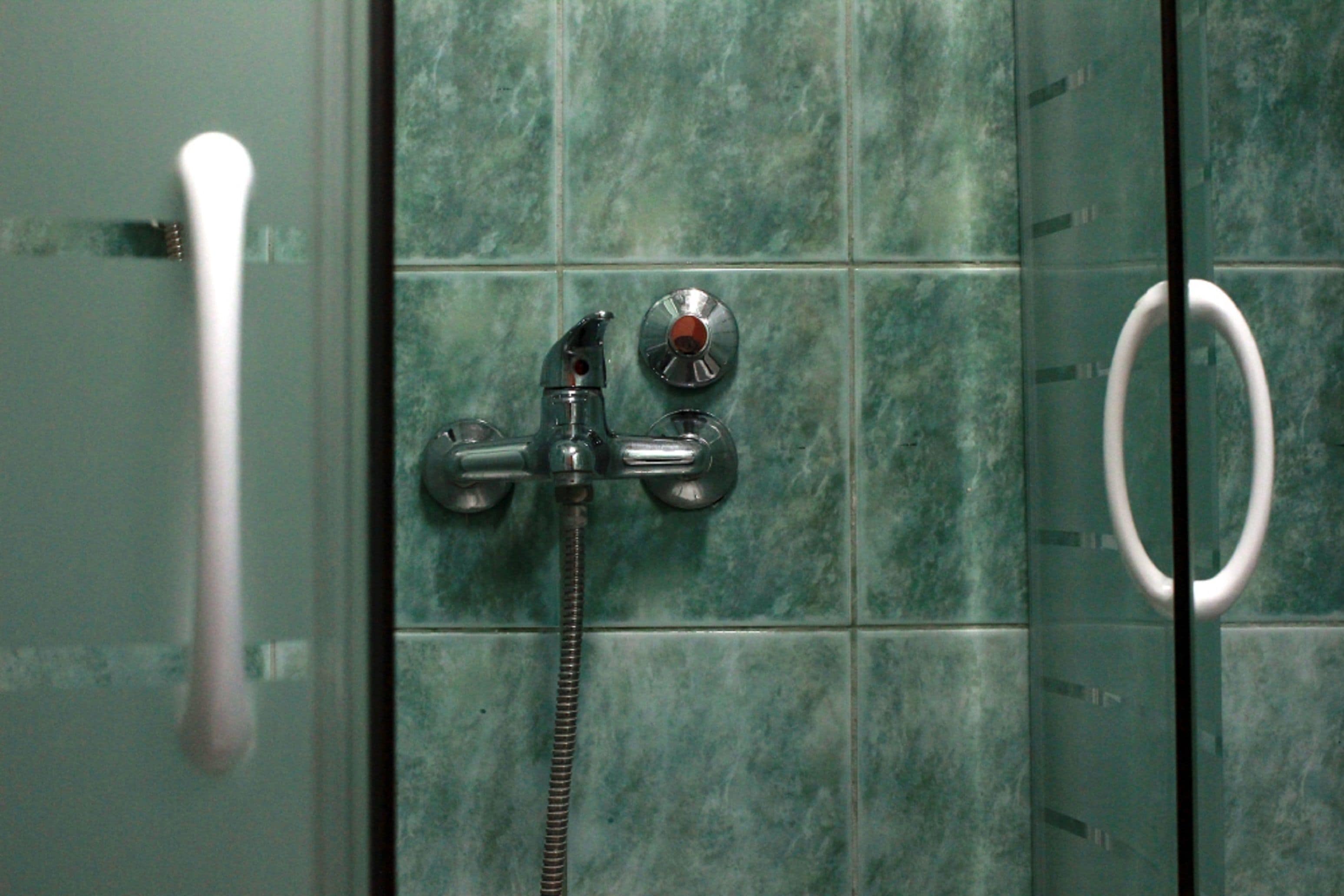 A shower with a handheld showerhead and a fixed showerhead, both with chrome finishes, against a green-tiled wall.