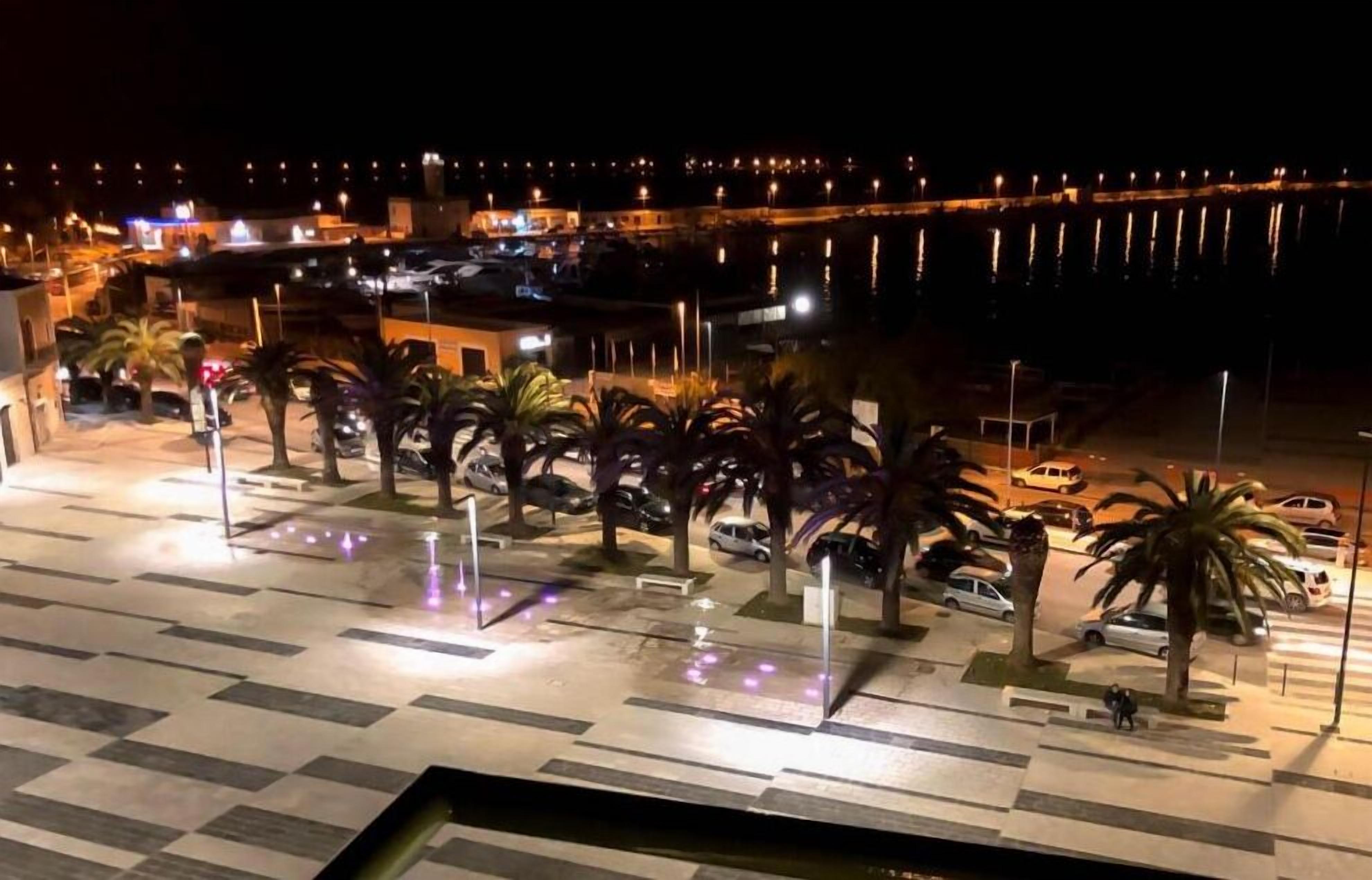 A nighttime view of a waterfront area with palm trees, a tiled plaza, and parked cars.