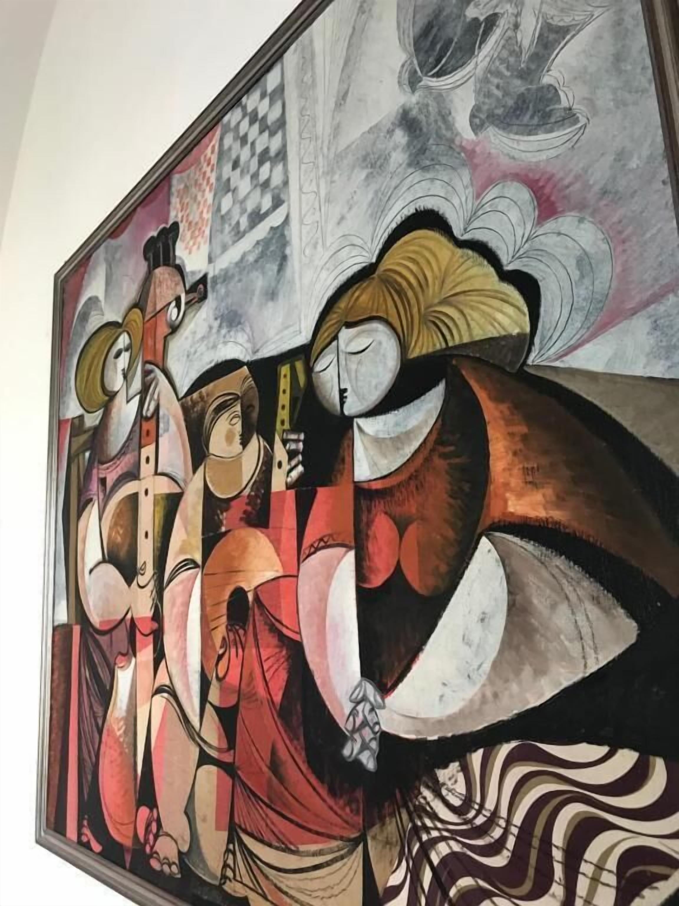 A framed artwork with abstract figures and geometric shapes.