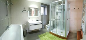 Shower, free toiletries, hair dryer, towels