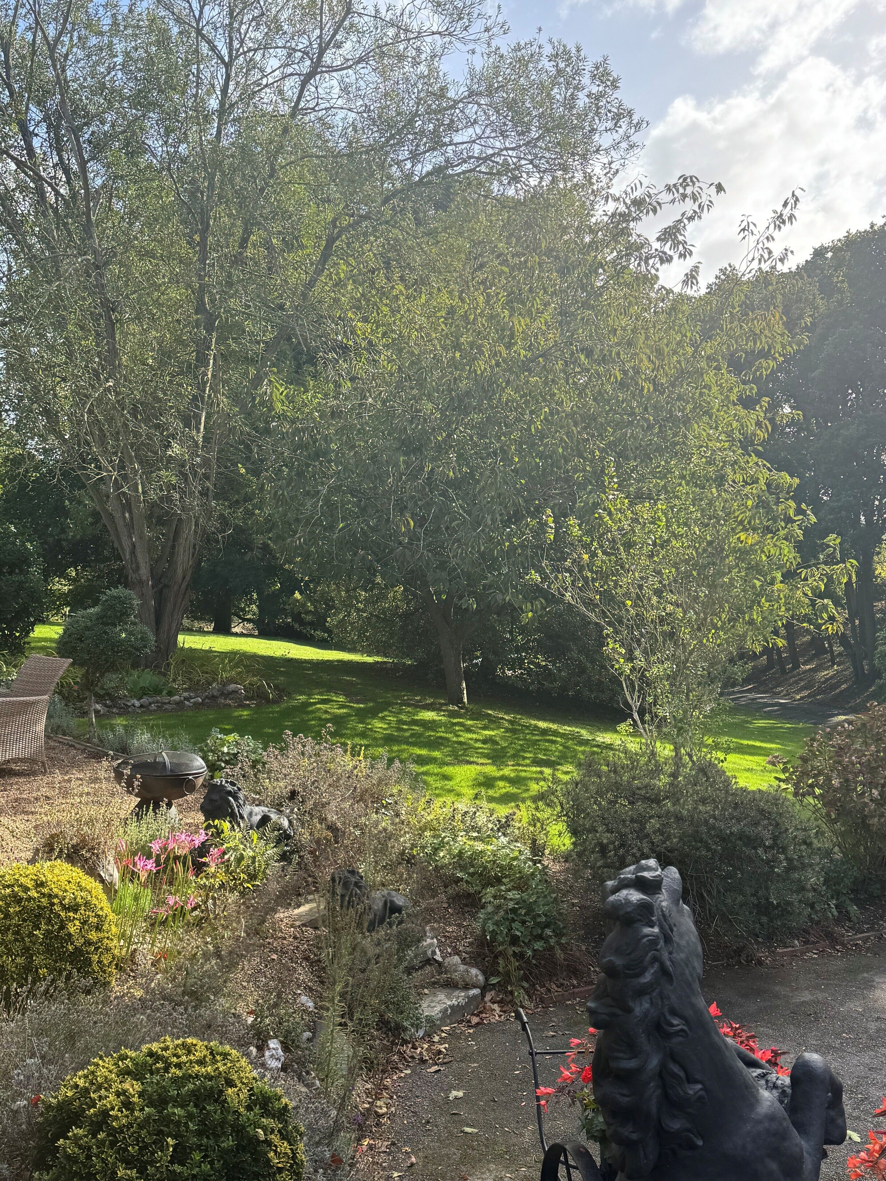 A garden with a lawn, trees, and a statue.