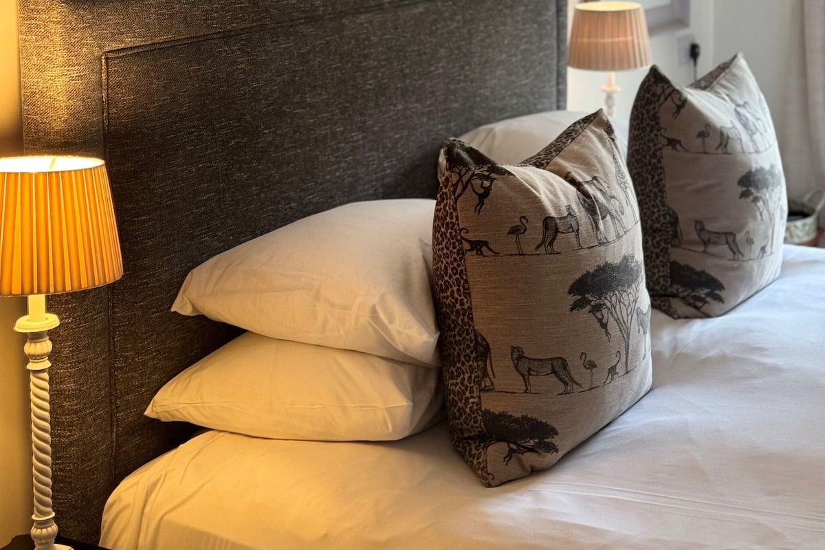 A neatly made bed with white linens and patterned pillows, a dark headboard, and a bedside lamp.