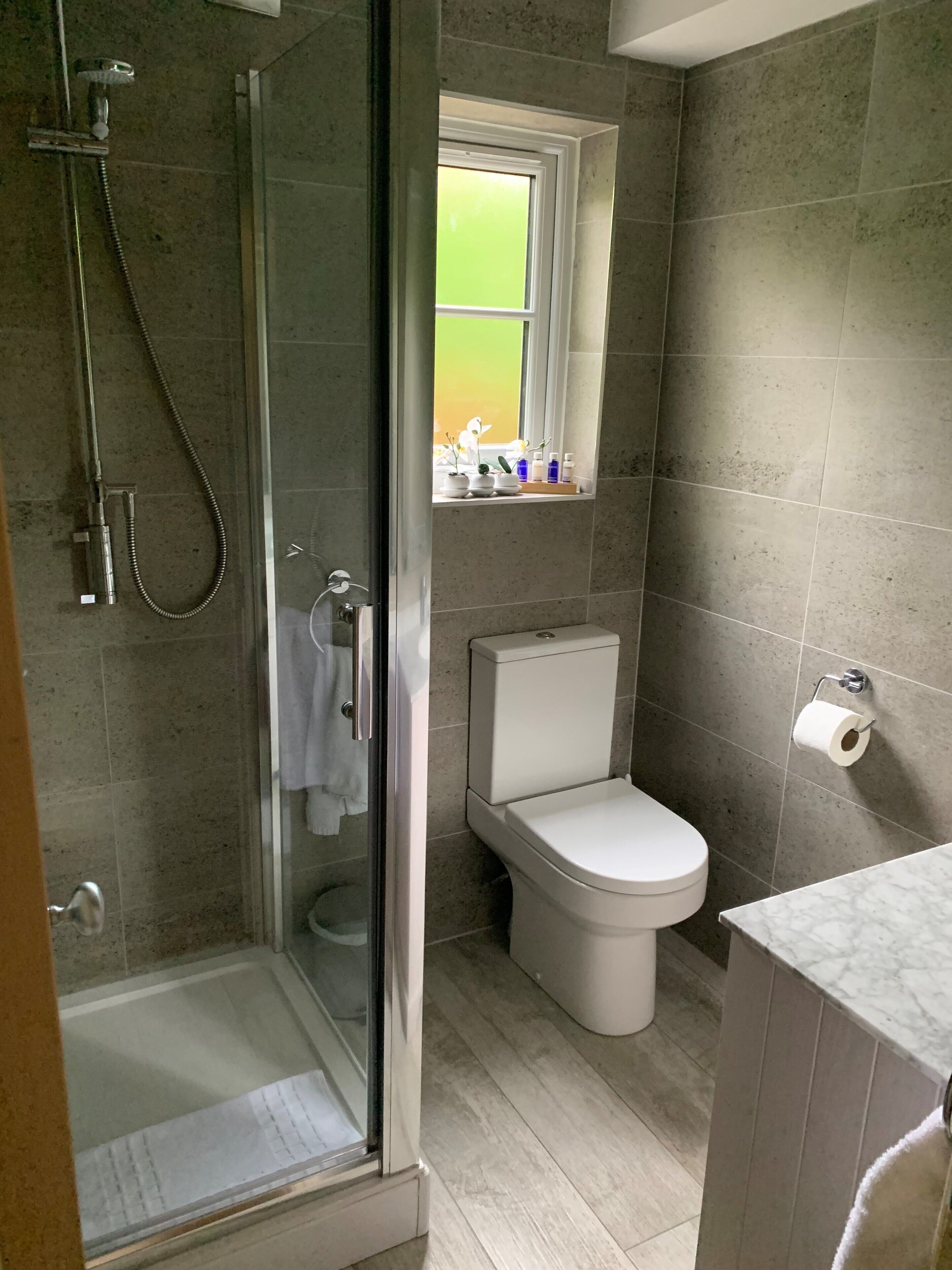 Un baño moderno con ducha de vidrio, inodoro y un pequeño ventanal con plantas.