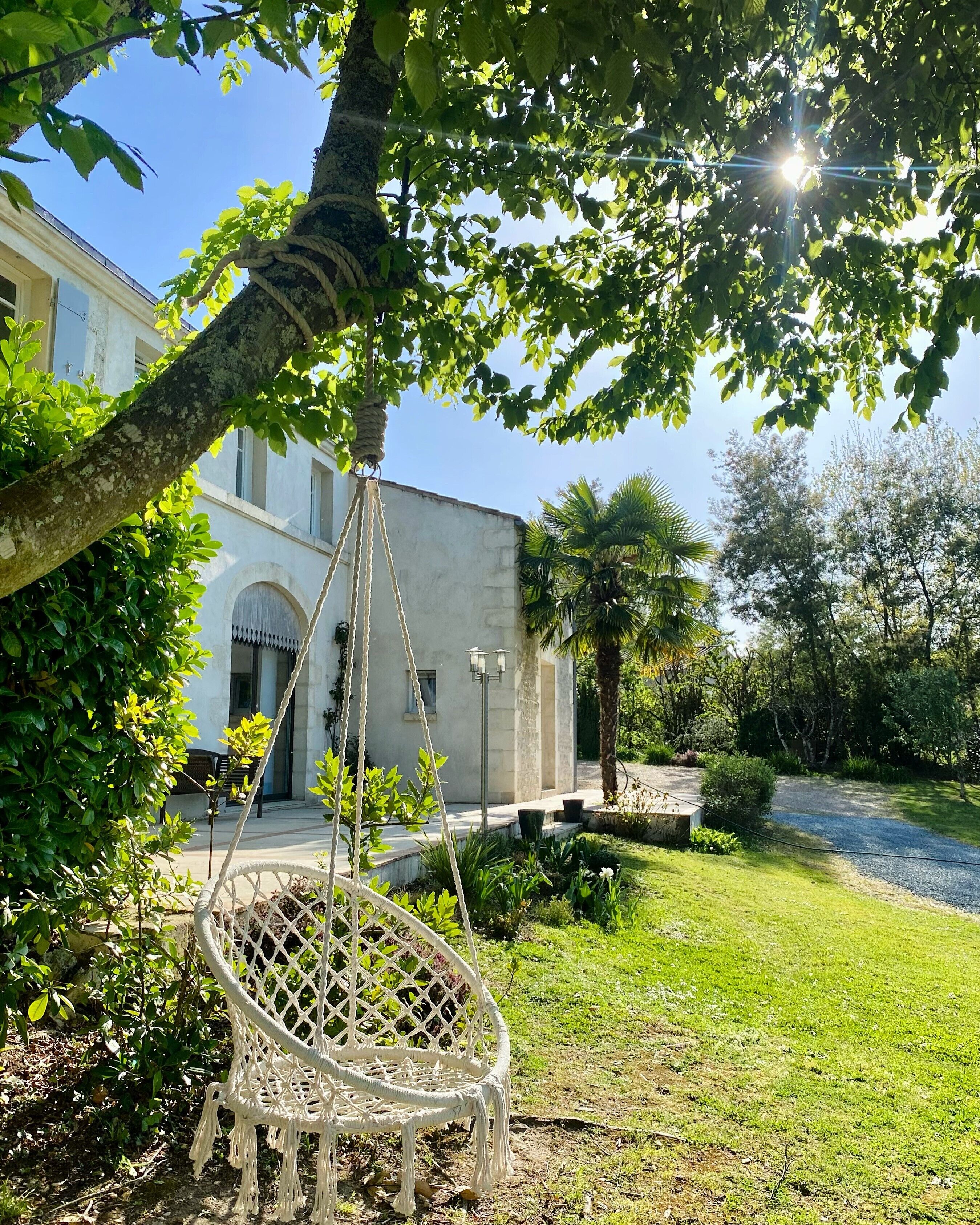 A white building with a stone facade, a hanging chair, and a well-maintained garden with various plants and a pathway.