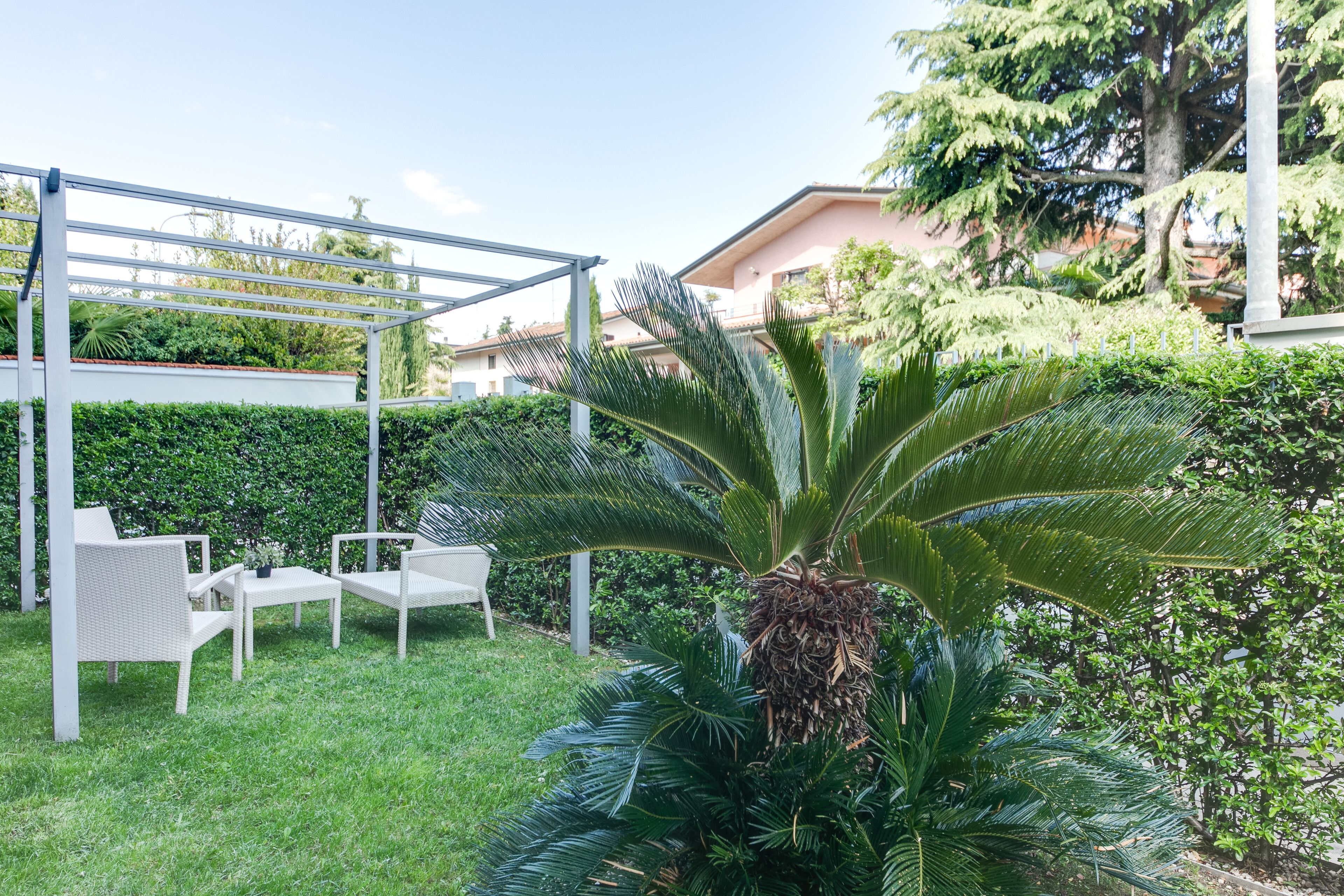 Un’area patio con una pergola, mobili in vimini bianco e una palma.