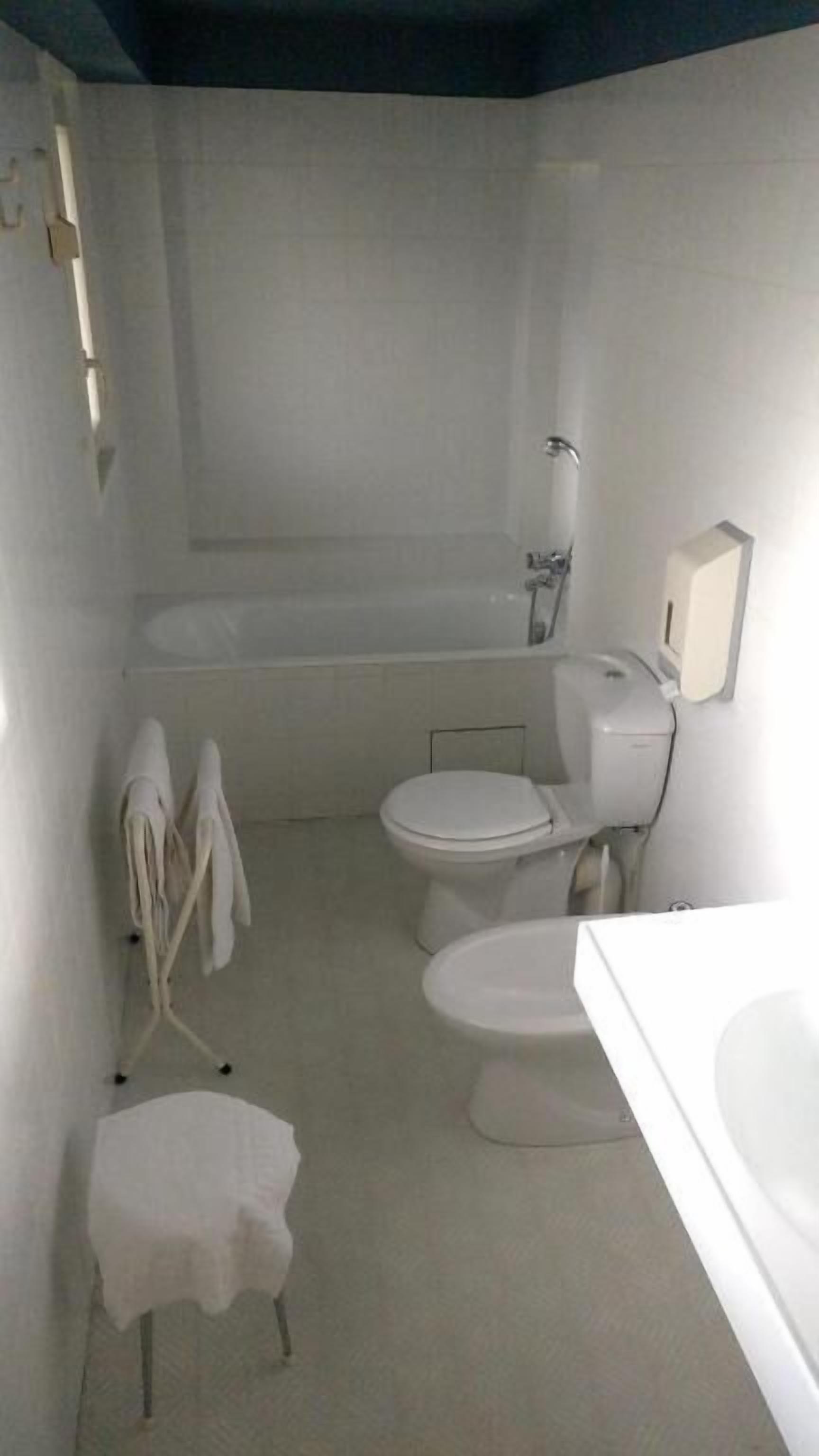 A bathroom with a bathtub, two toilets, a sink, and a towel rack.