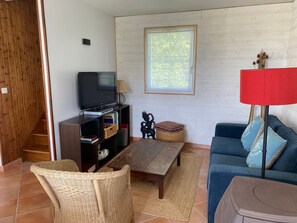 A living room with a television, bookshelf, wicker chairs, a blue sofa, and a red lamp. - Quiet house with garden near beach and shops (Bangor)