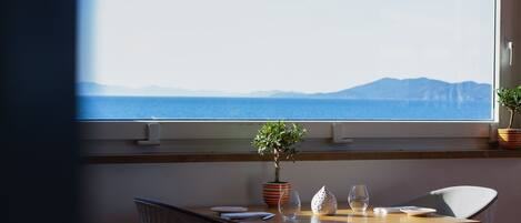 A dining area with a table, chairs, a potted plant, and a view of the sea and mountains.