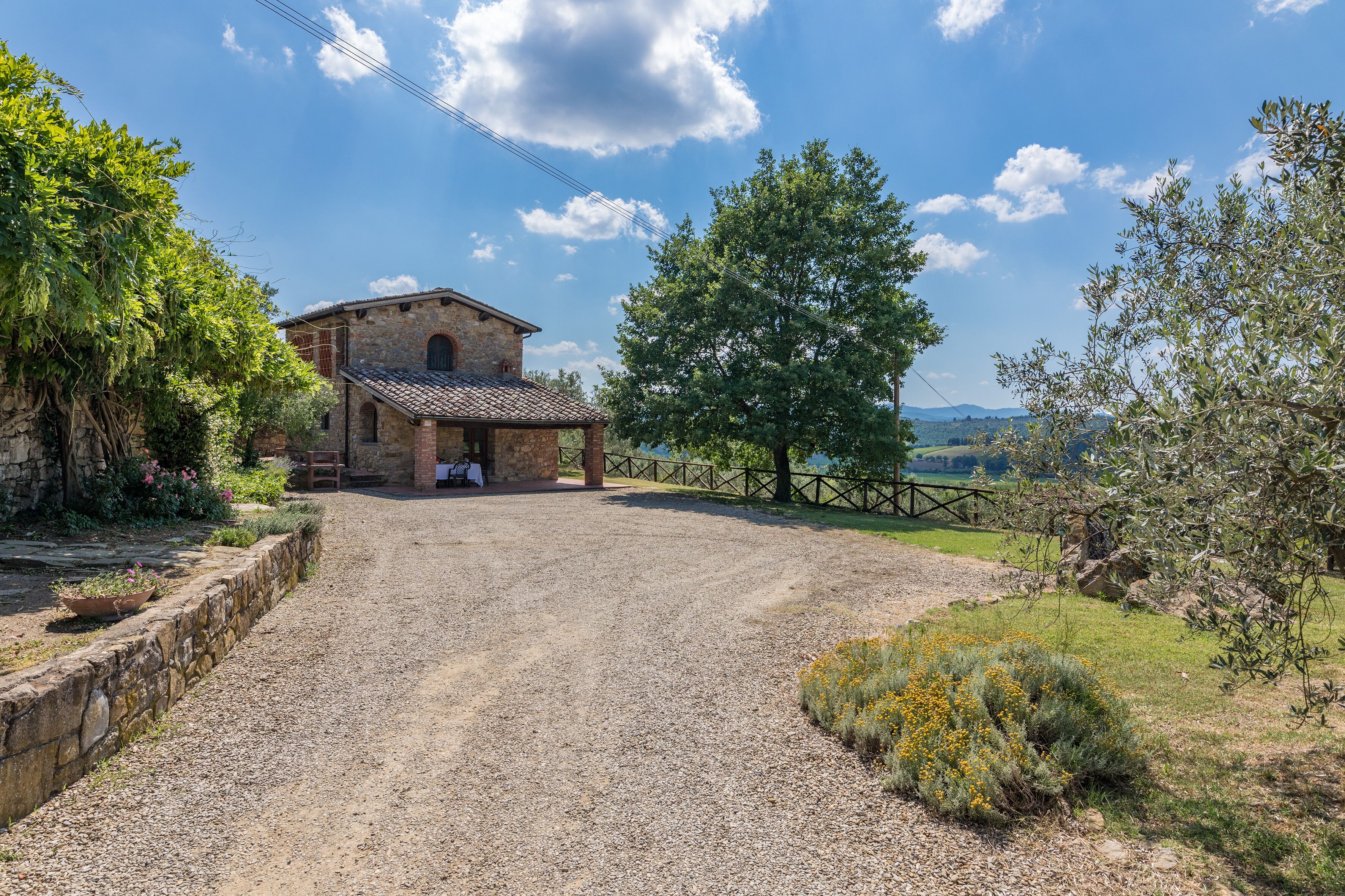A rustic stone building with a gravel driveway, surrounded by greenery and a clear sky.