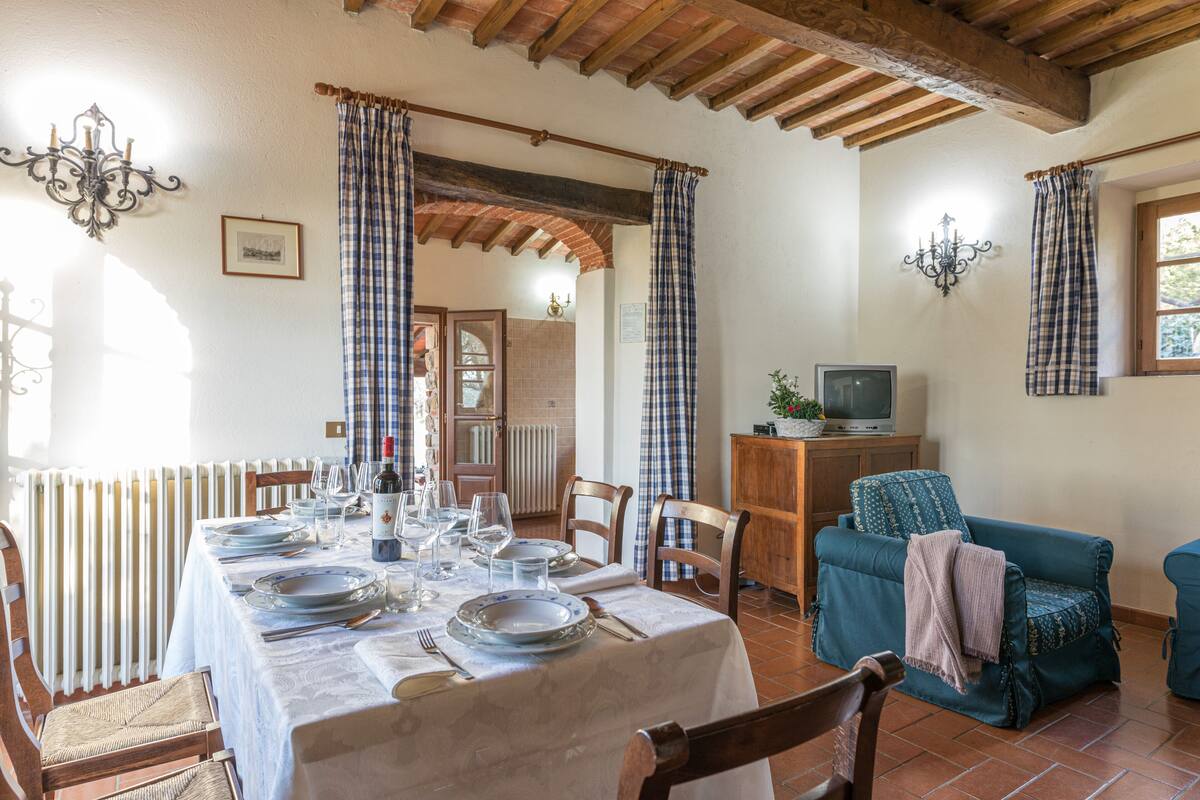 Un coin repas avec une table dressée pour six personnes, des chaises en bois, un téléviseur et un canapé bleu.