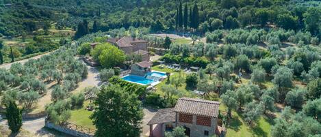 An aerial view of a countryside property with a swimming pool, stone buildings, and olive groves.