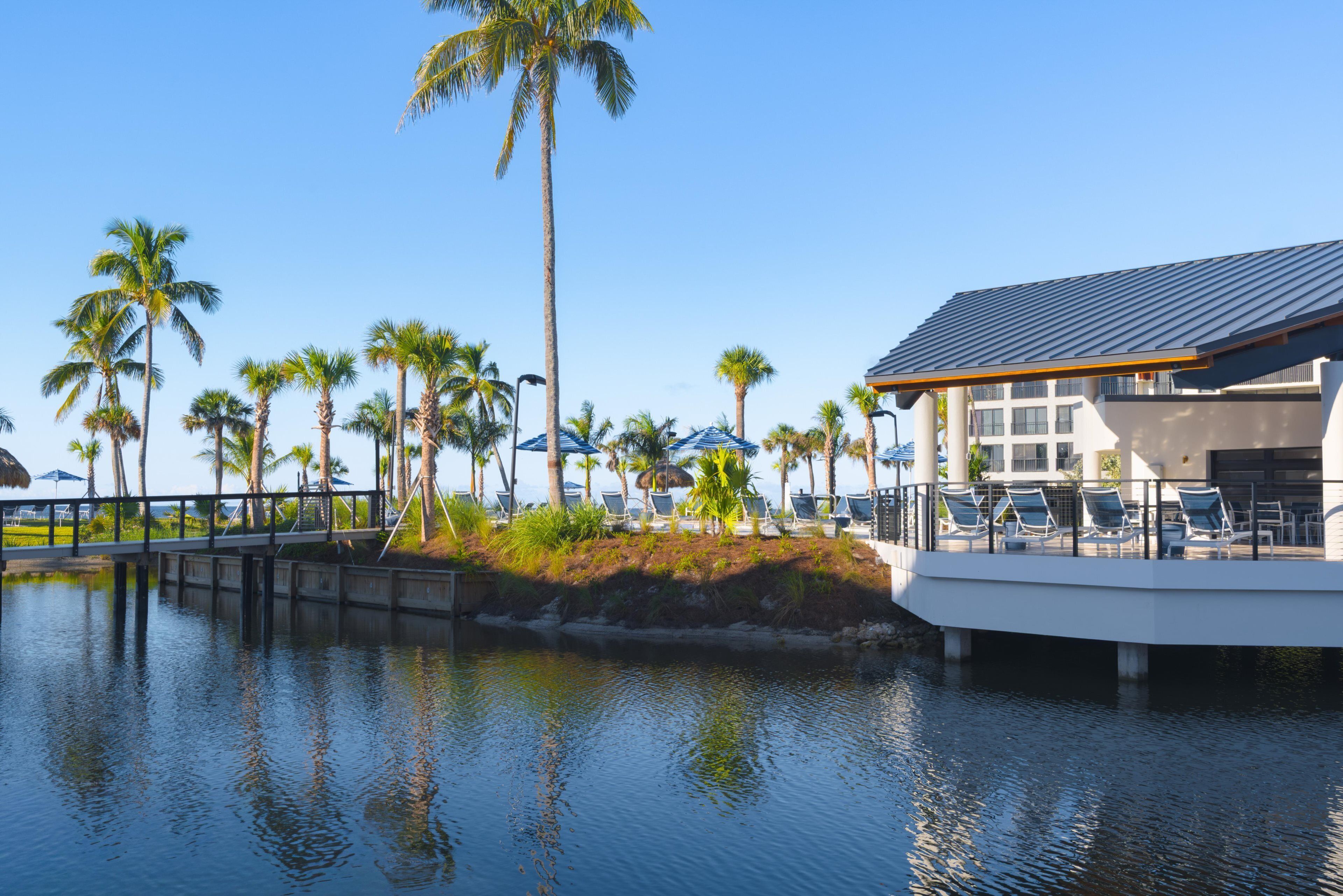 A waterfront hotel with a poolside area, palm trees, and a modern building with a sloped roof.