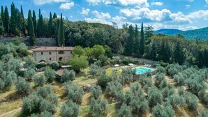 A stone villa with a swimming pool surrounded by olive trees and a mountainous backdrop.