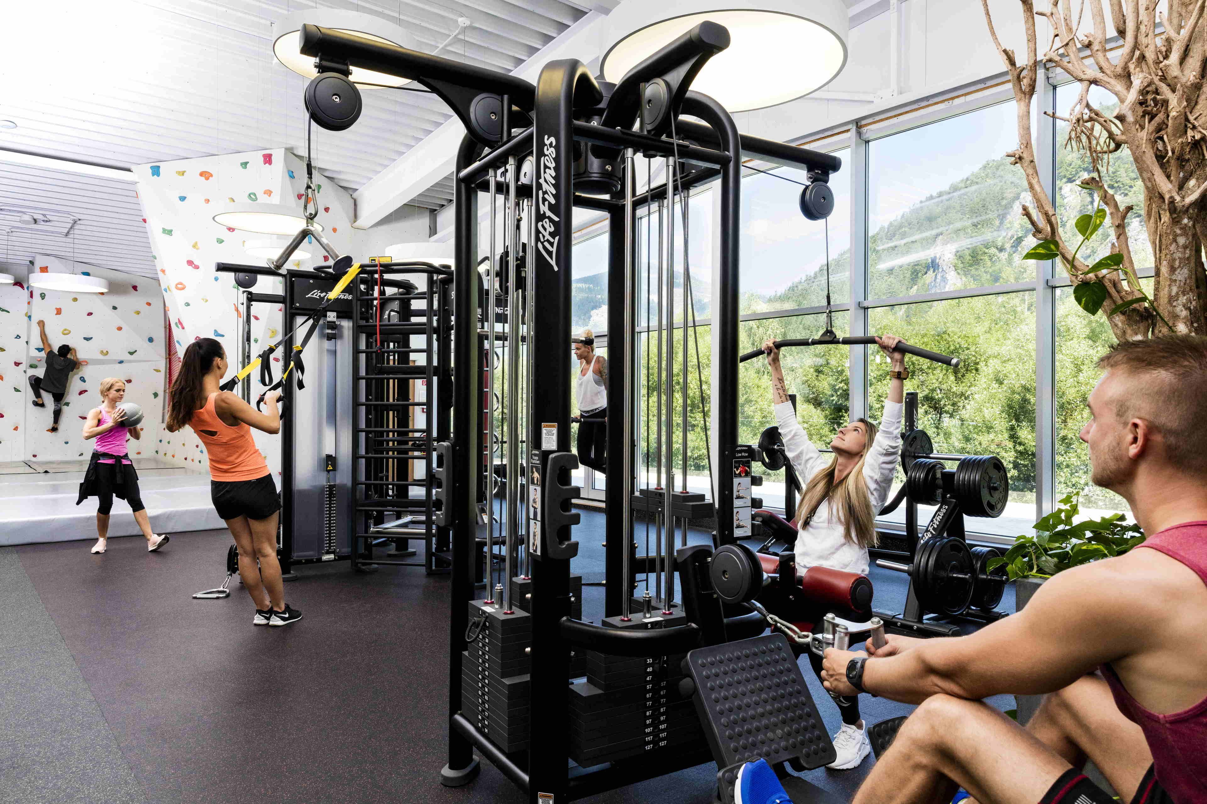 A gym with various exercise equipment, large windows, and a climbing wall.