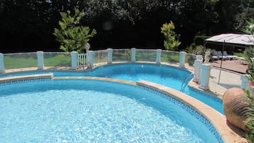Outdoor pool, open 9:00 AM to 9:00 PM, pool umbrellas, pool loungers