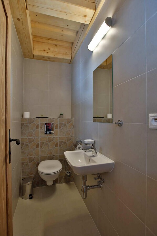 A small bathroom with a toilet, sink, and a mirror. - Rezort Gothal Chalupy (Liptovská Osada)