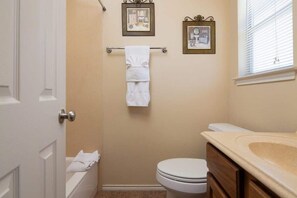 Combined shower/bathtub, hair dryer