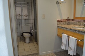 A bathroom with a shower, toilet, and sink.