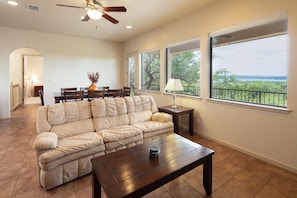 Big windows let in natural light and a great view of the lake.