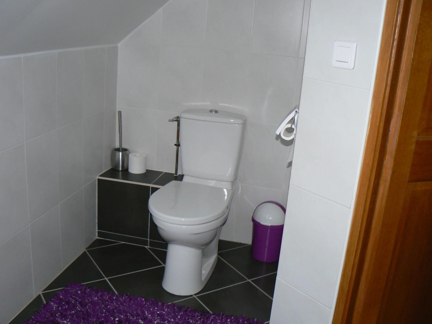 A small bathroom with a white toilet, a black sink, and a purple trash bin.