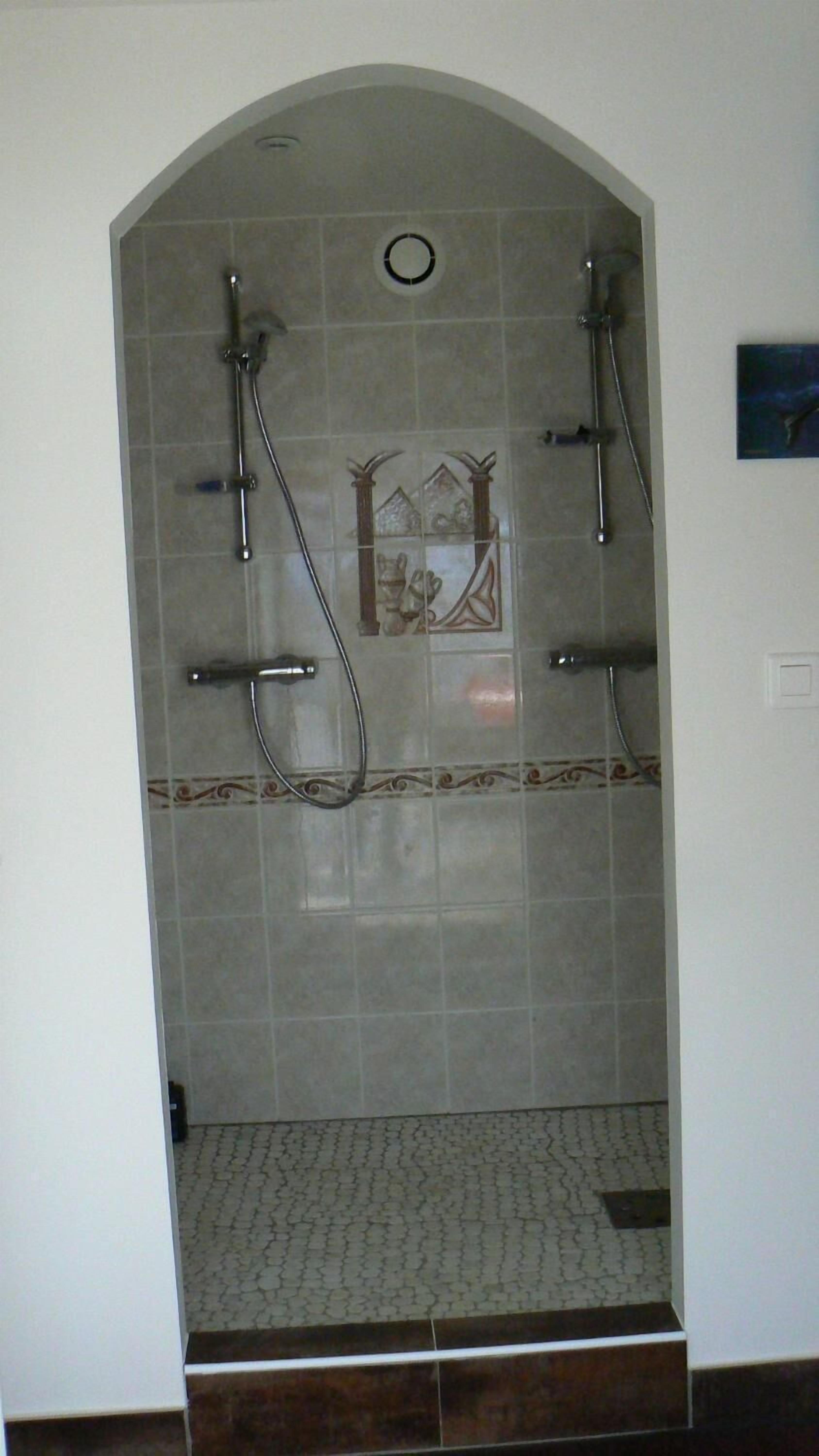 A shower area with a tiled wall, a decorative tile design, and a showerhead.