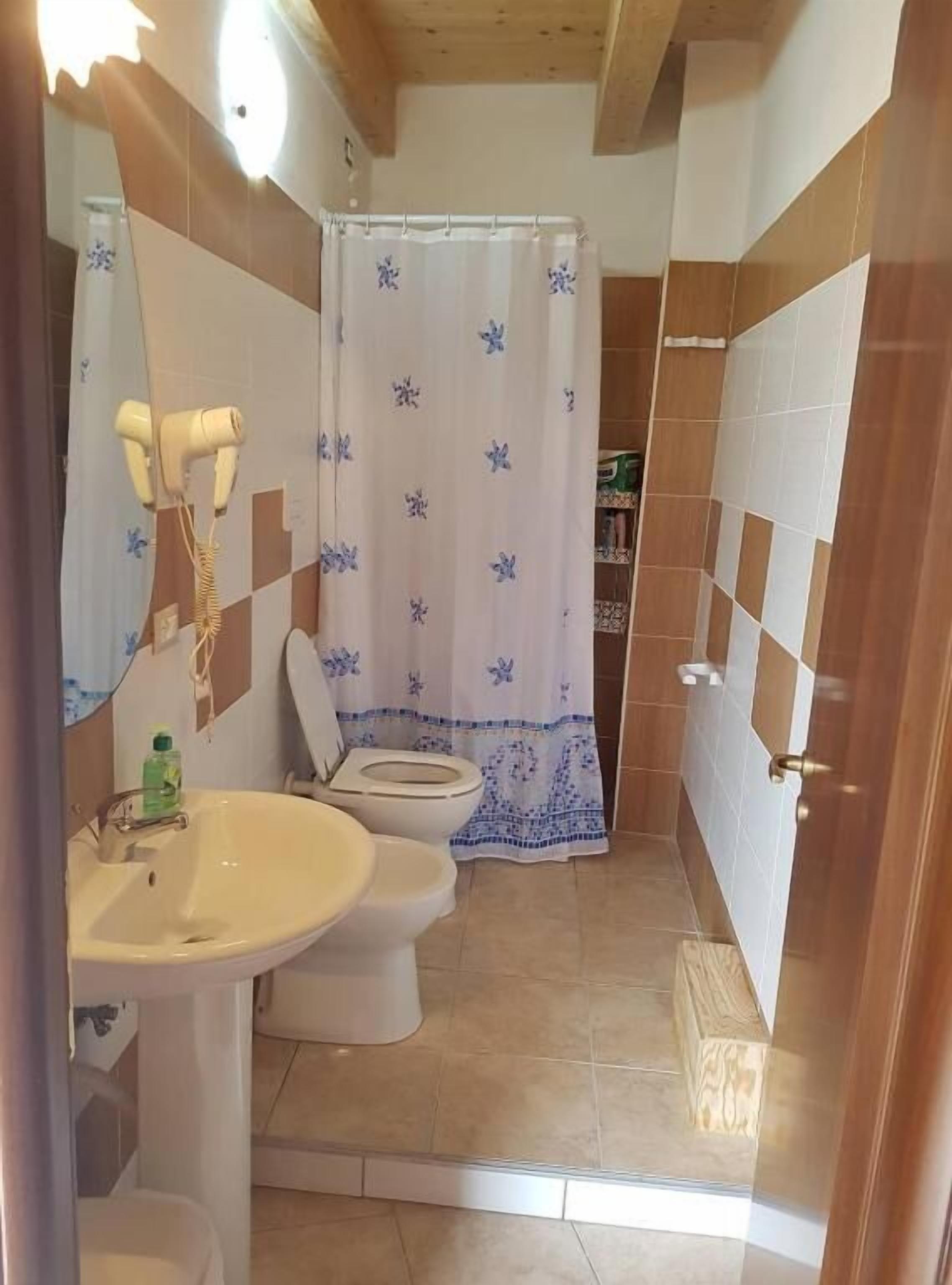 A bathroom with a sink, toilet, and shower curtain.
