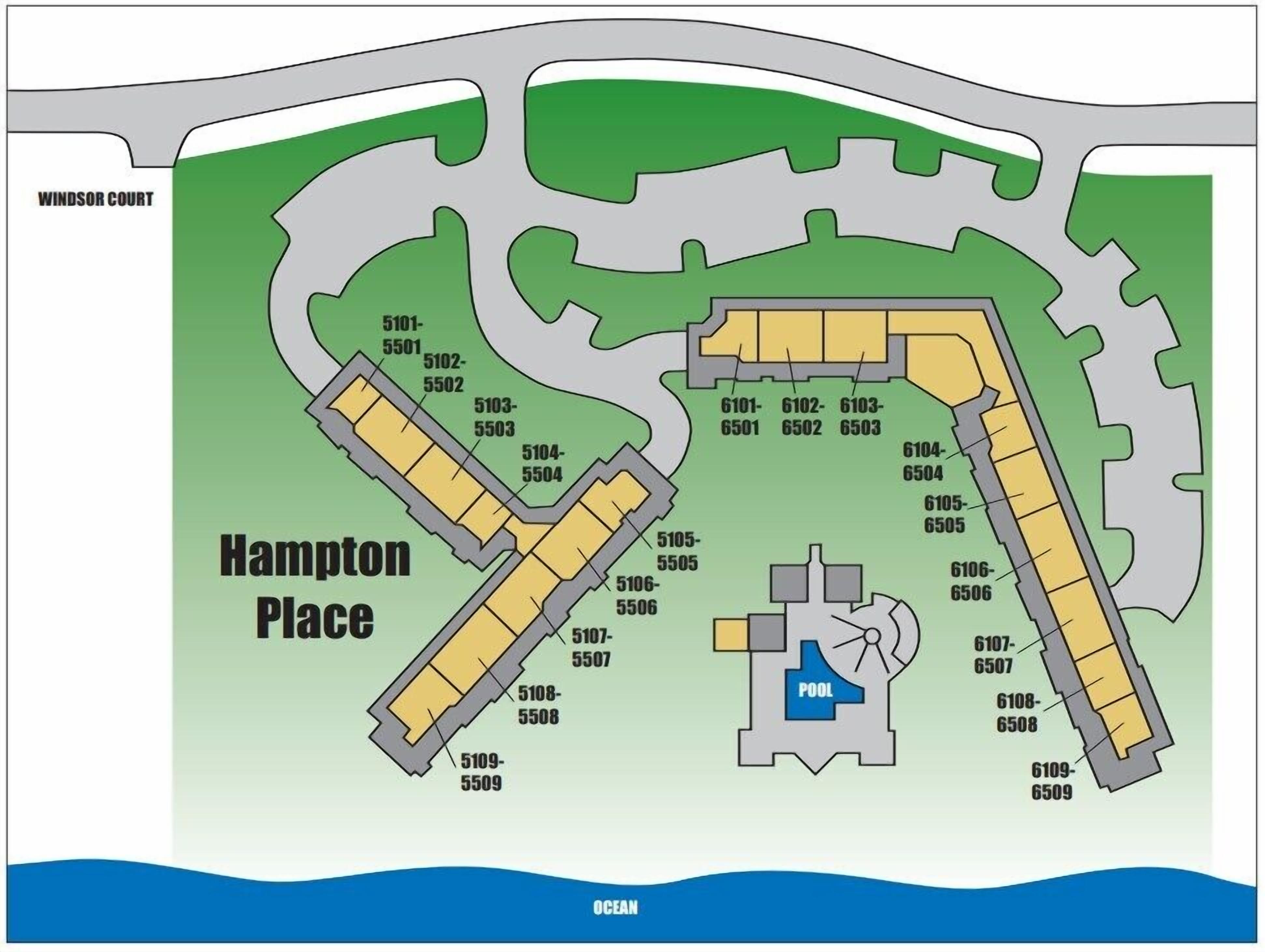 A floor plan of Hampton Place with numbered rooms and a pool area.