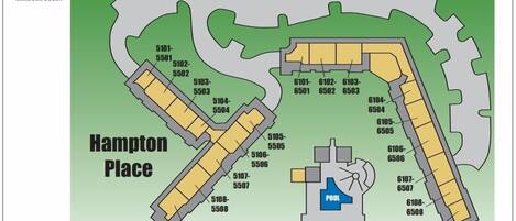 A floor plan of Hampton Place with numbered rooms and a pool area.