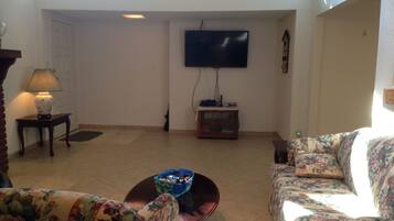 TV, DVD player, books, video library