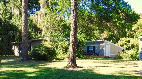 A small, single-story house with a front porch and a garage, surrounded by dense trees and greenery.