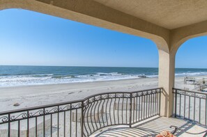 On the beach, sun loungers, beach towels