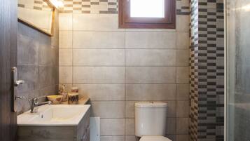 Une salle de bain moderne avec un meuble-lavabo en bois, un évier, des toilettes et un espace douche.