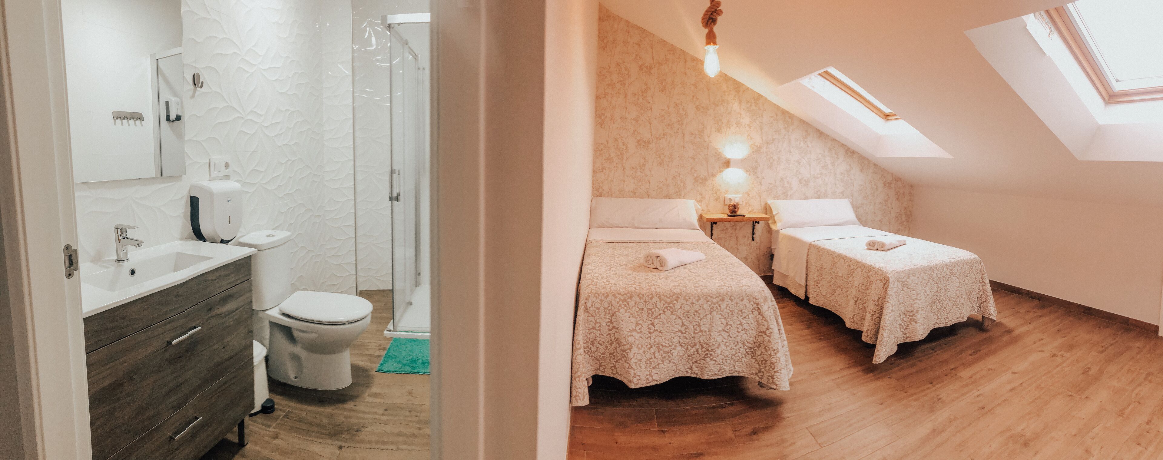 A bedroom with two beds, a skylight, and a bathroom with a shower.