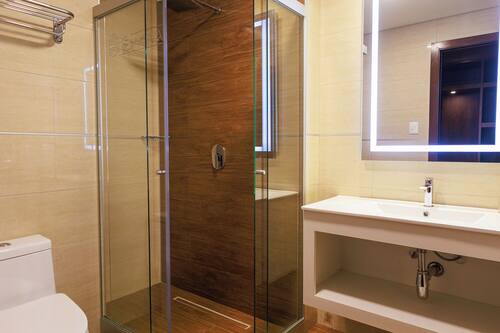 Shower, free toiletries, hair dryer, towels