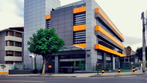 A modern building with a grey and orange facade, large windows, and a tree in front.