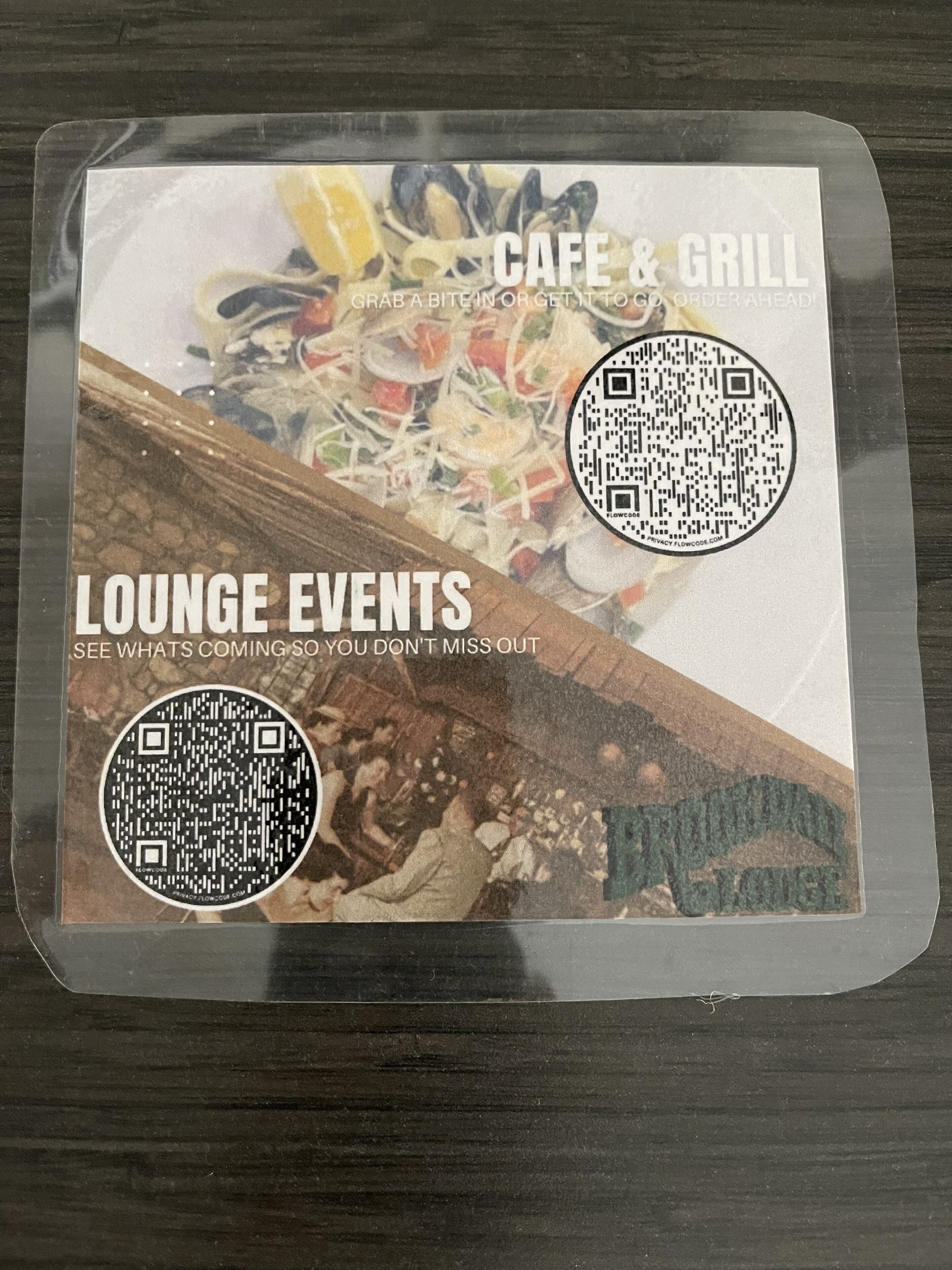 A promotional flyer for a cafe and grill with QR codes for lounge events.