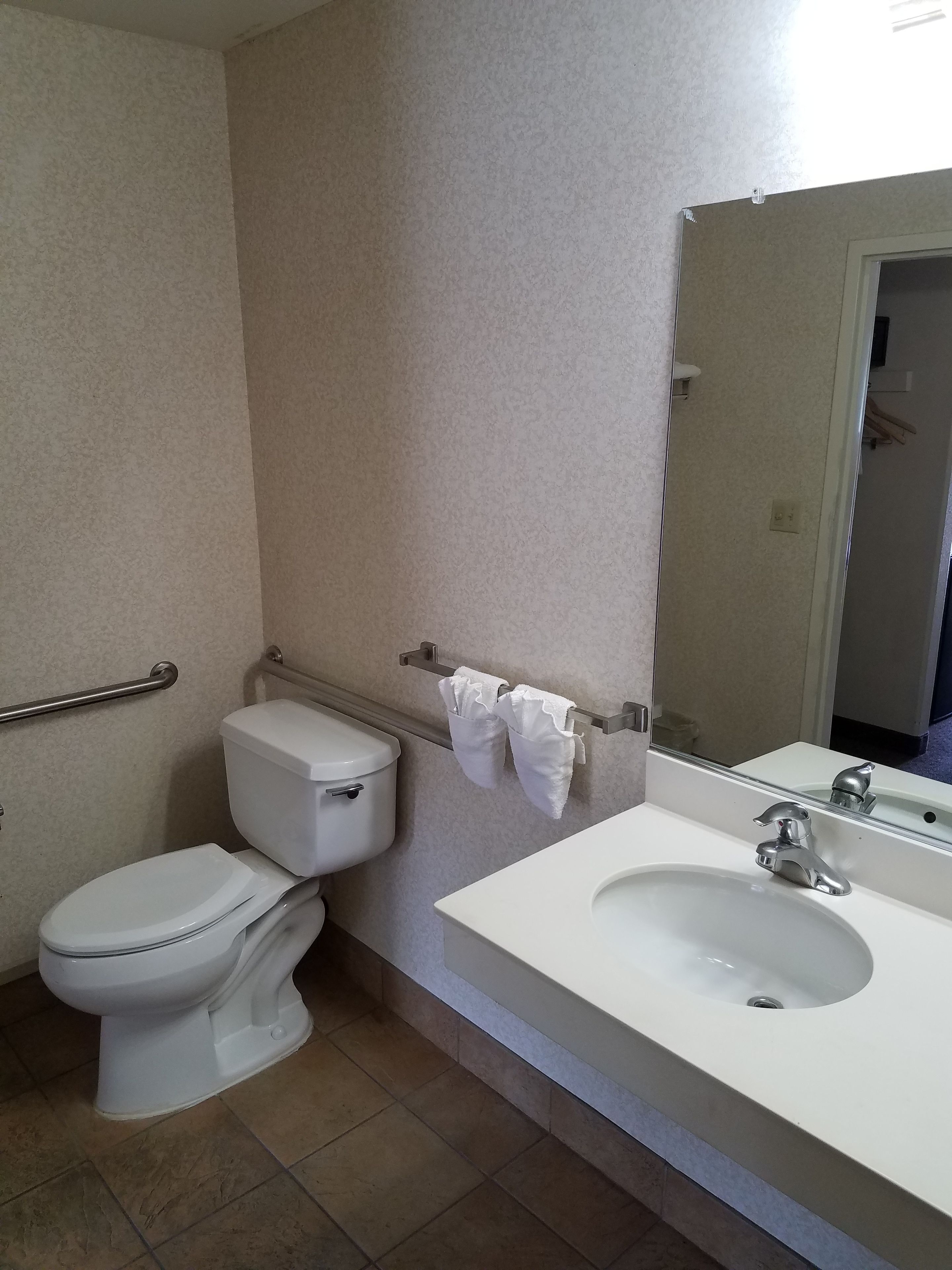 Une salle de bain équipée de toilettes, d’un lavabo et d’une barre d’appui.