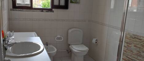 A bathroom with a sink, toilet, and shower.