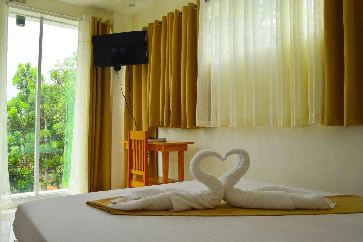 A hotel room with a bed, a TV mounted on the wall, a wooden chair, and a window with curtains.