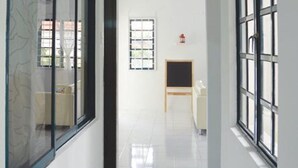 Un pasillo con paredes blancas, ventanas amplias y una planta colgante.