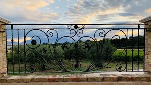 Un portail en fer forgé aux motifs complexes, donnant sur une zone pavée d’où l’on peut admirer un vignoble et des montagnes lointaines.