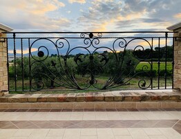 Una reja de hierro forjado con diseños intrincados, que da paso a un área pavimentada con vistas a un viñedo y montañas lejanas.