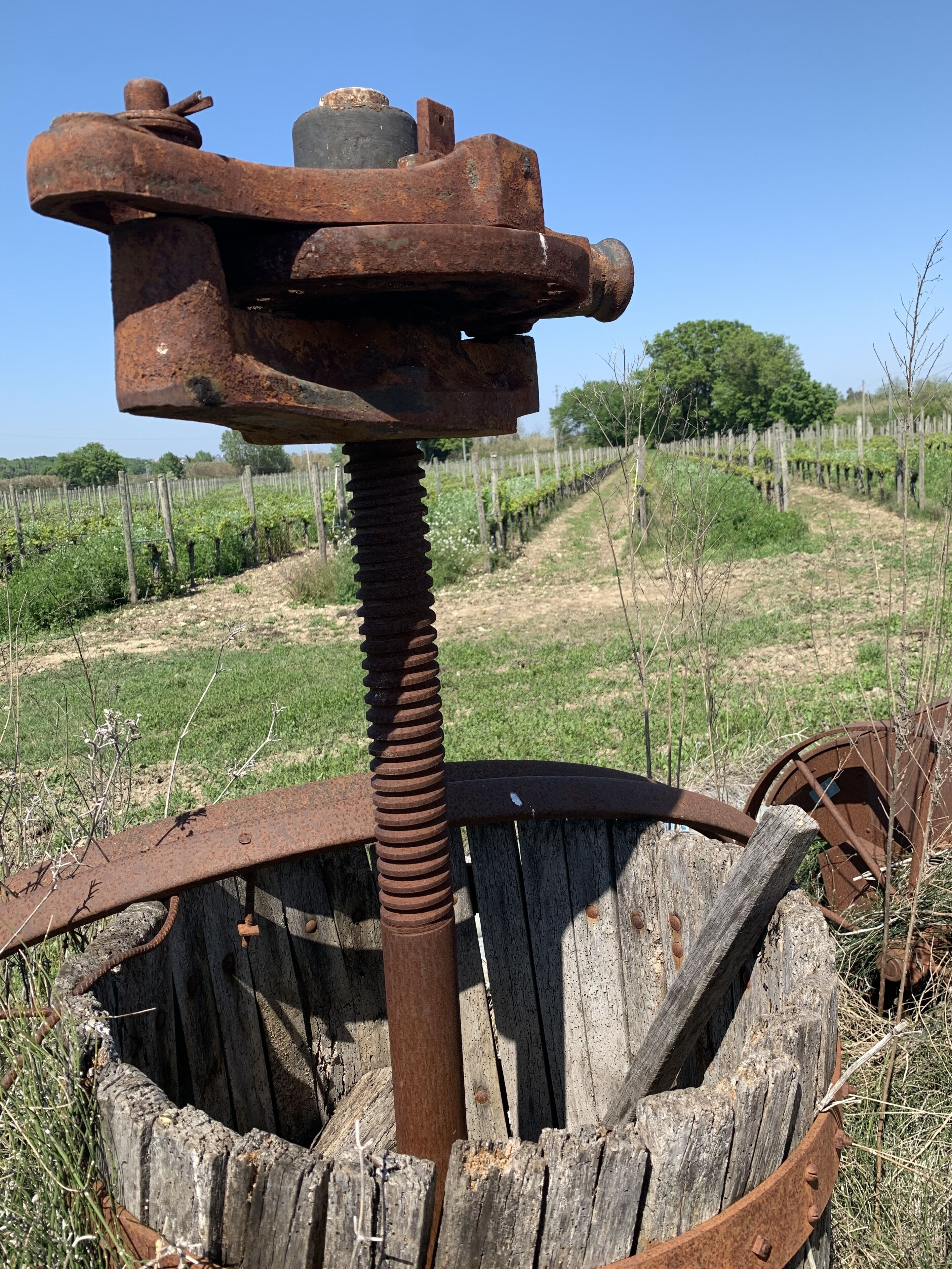 An old, rusted metal structure with a large wheel and a vertical rod, surrounded by a grassy field and a fence.