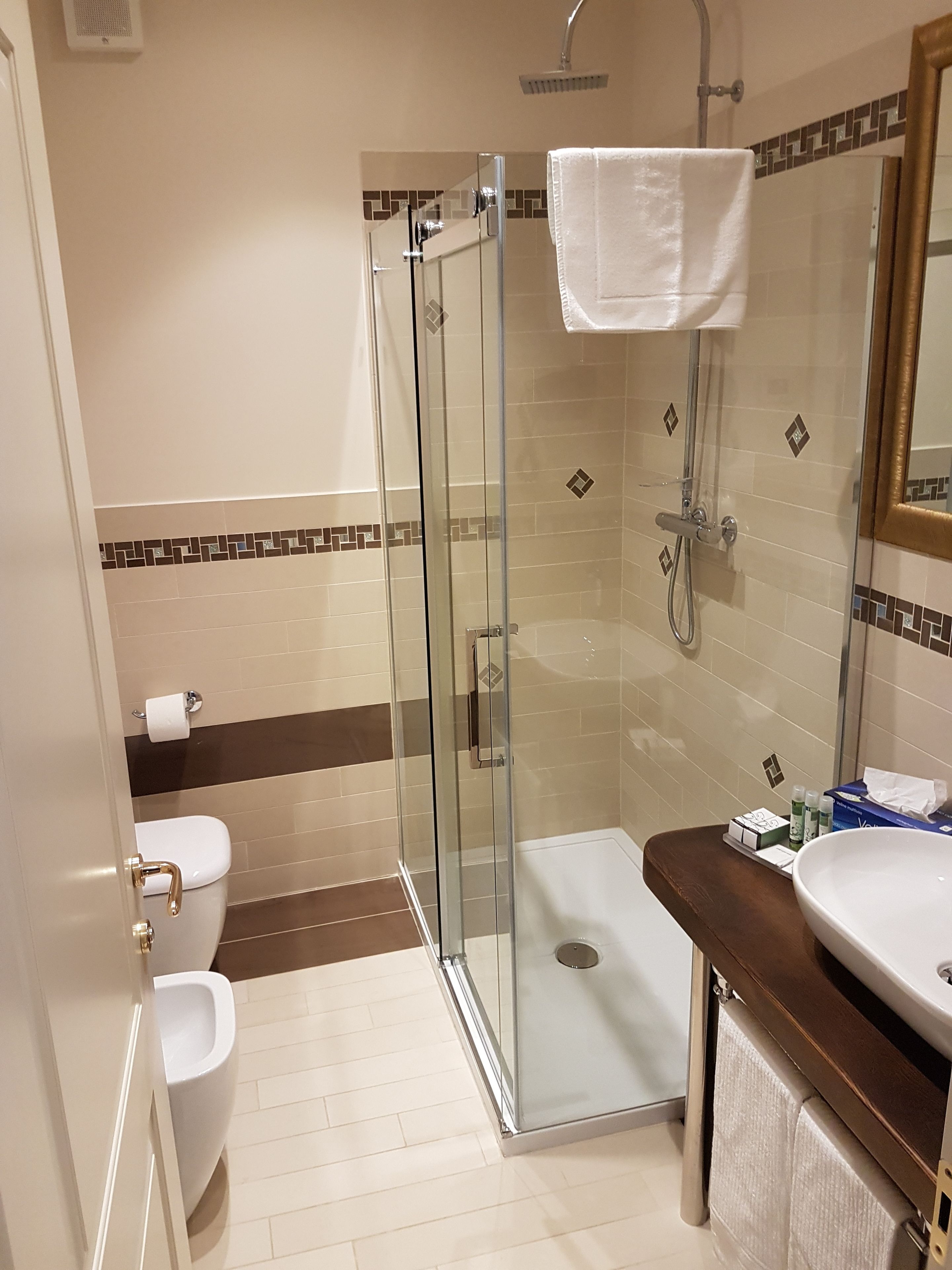 Une salle de bain moderne dotée d’une douche à parois de verre, de toilettes et d’un lavabo avec des articles de toilette.