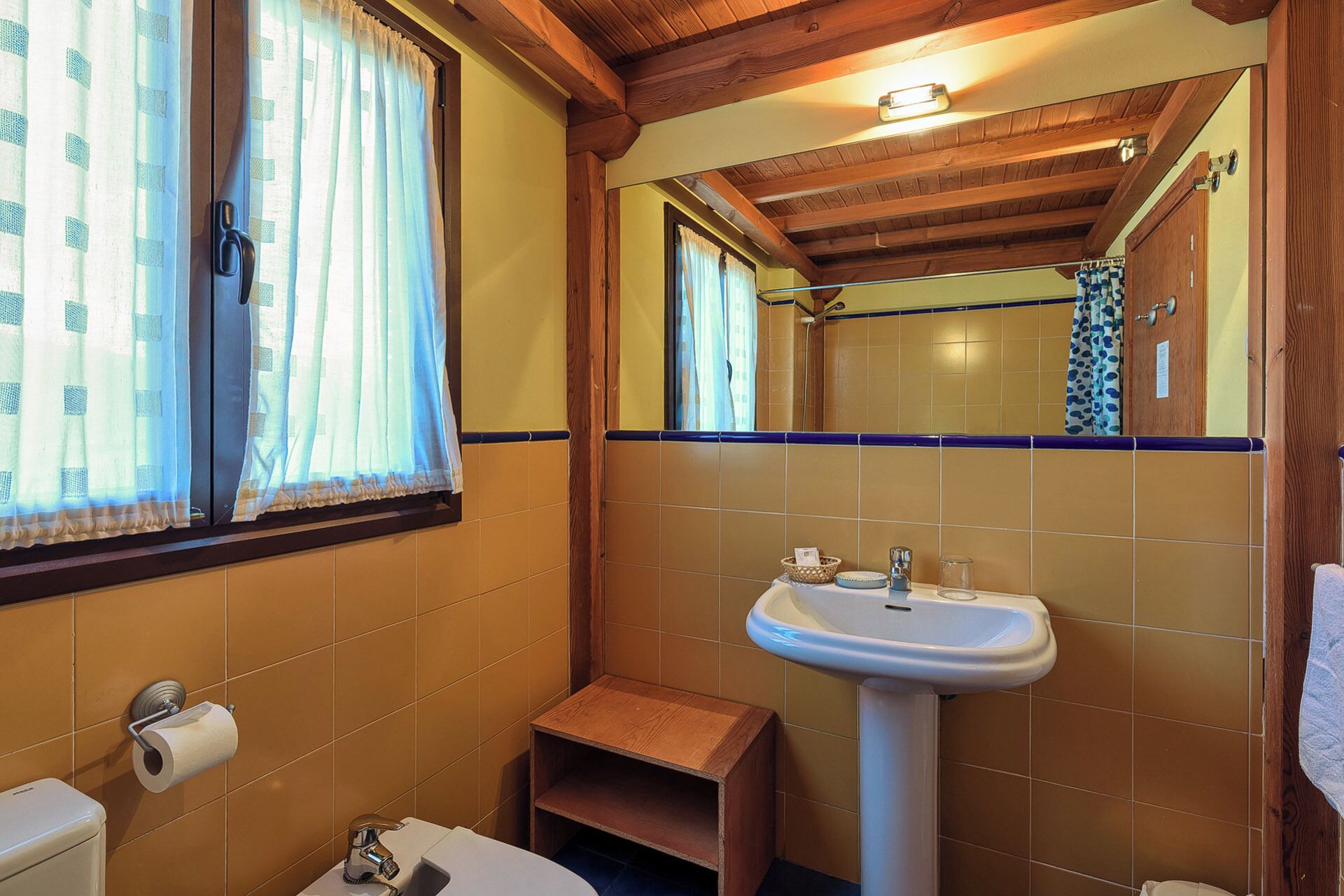 Un baño con techo de madera, un lavabo, un inodoro y una zona de ducha.