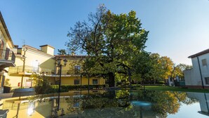 Un patio con un estanque reflectante, rodeado de edificios con balcones y un árbol grande.