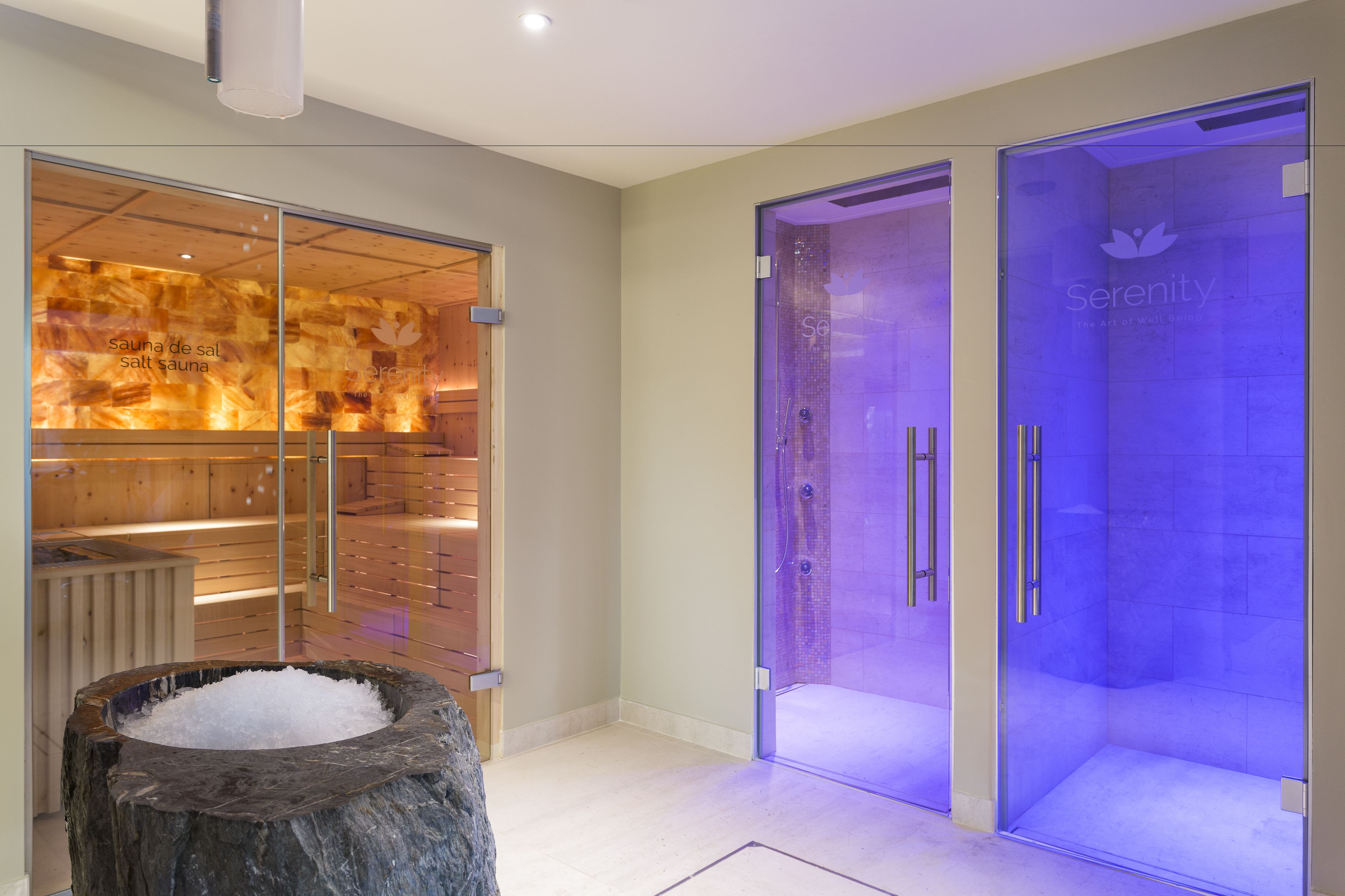 A modern spa room with a sauna, a glass-enclosed steam shower, and a stone basin.