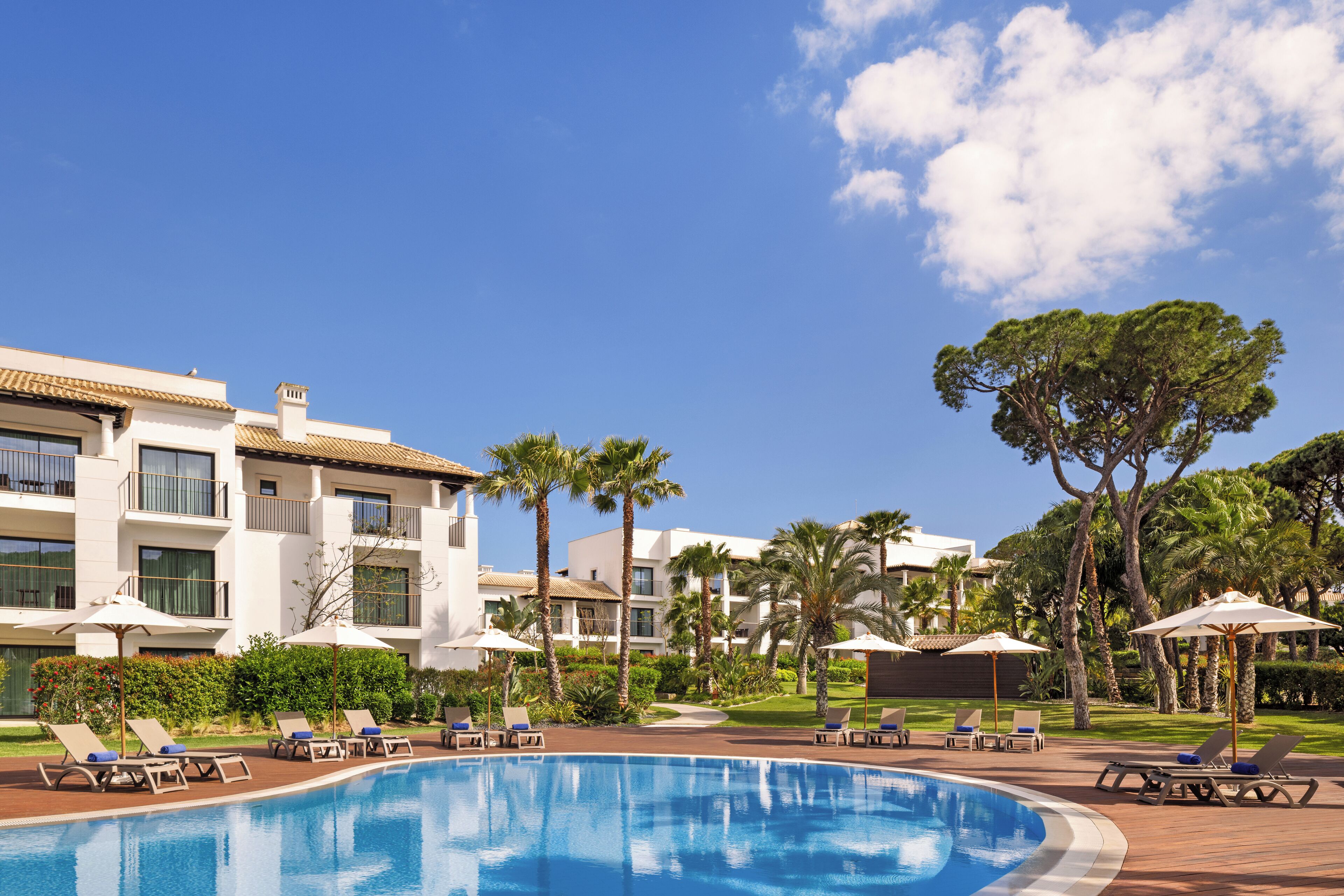 A pool area with lounge chairs and umbrellas, surrounded by palm trees and a building with balconies.